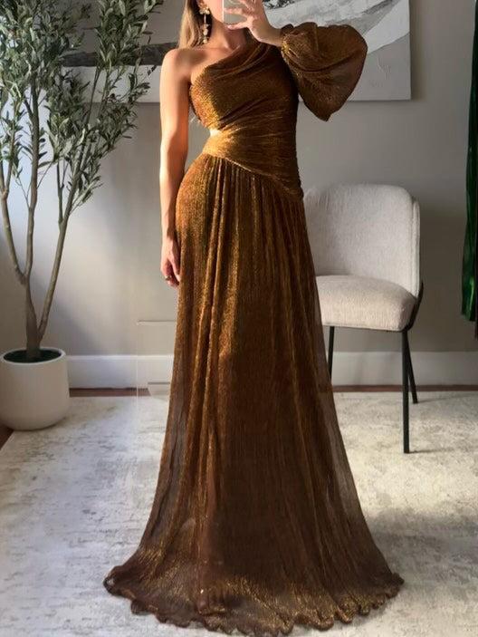 Aurohaya Elegant One-Shoulder Metallic Long Sleeve Evening Maxi Dress Bronze