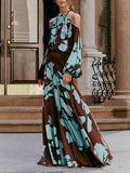 Aurohaya Elegant Cold Shoulder Abstract Print Maxi Dress