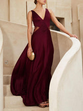 Aurohaya Elegant V-neck Lace Paneled Satin Maxi Dress Dark Red