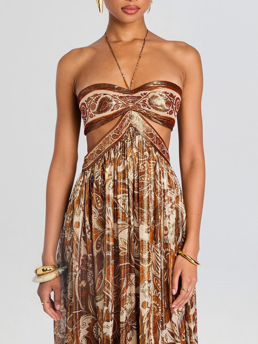 Aurohaya Elegant Hollow Print Halter Neck Backless Maxi Dress