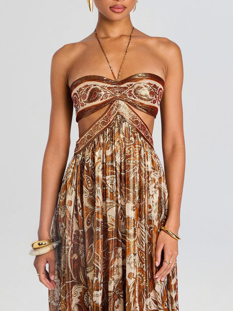 Aurohaya Elegant Hollow Print Halter Neck Backless Maxi Dress