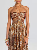 Elegant Hollow Print Halter Neck Backless Maxi Dress