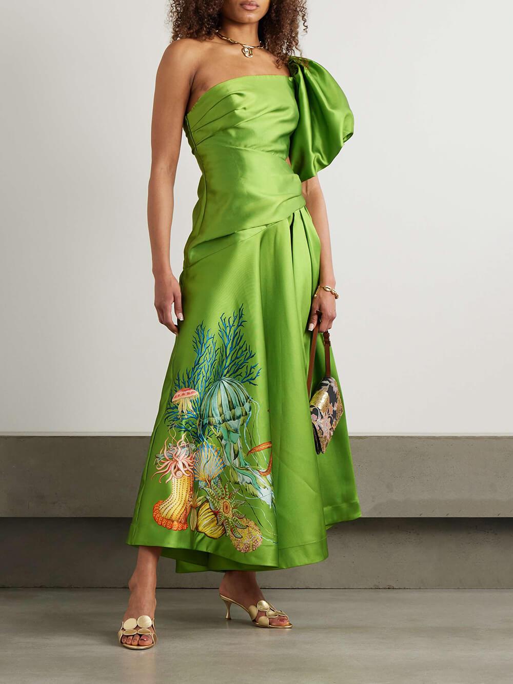 Aurohaya Unique One-Shoulder Gathered Printed Satin-Twill Maxi Dress Green