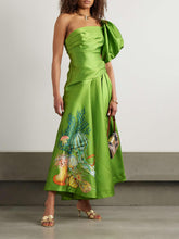 Unique One-Shoulder Gathered Printed Satin-Twill Maxi Dress