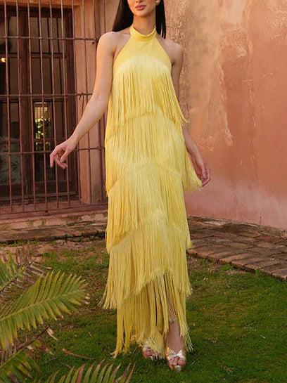 Aurohaya Elegant Halter Neck Tassel Party Maxi Dress Yellow