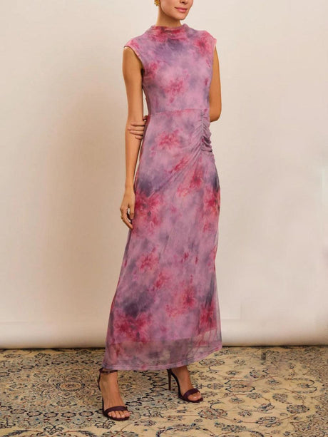 Aurohaya Retro Gradient Floral Mesh Print Slim Maxi Dress