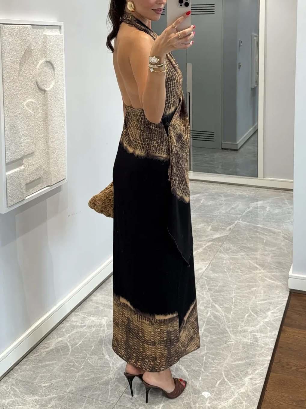 Aurohaya Back-inspired Gradient Print Asymmetrical Draped Maxi Dress