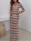 Exquisite Colorful Herringbone Stripe Print Maxi Dress
