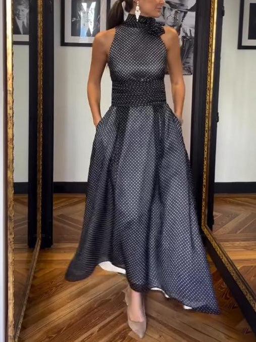 Aurohaya Elegant Halterneck Polka Dot Print Maxi Dress