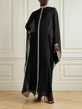 Aurohaya Elegant High-neck Silver-printed Loose Robe Chiffon Dress Black
