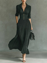 Elegant Pleated Lapel Long-sleeved Maxi Dress