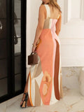 Unique Abstract Print Square Neck Sleeveless Maxi Dress