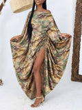 Elegant Satin Tie-dye Print Batwing Sleeve Maxi Dress