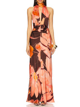 Elegant Halterneck Retro Floral Print Maxi Dress