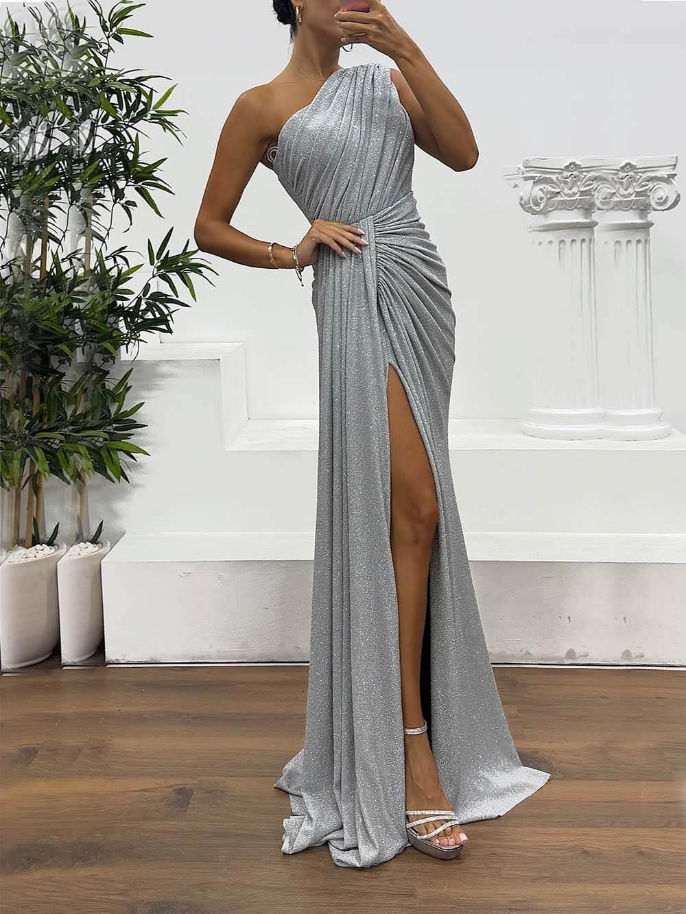 Aurohaya Elegant Sequins One-Shoulder Slit Pleats Evening Maxi Dress