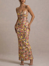 Retro Inspired Floral Print Sequin Square Neck Slip Stretch Maxi Dress