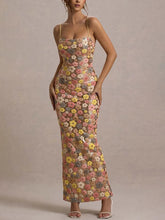 Aurohaya Retro Inspired Floral Print Sequin Square Neck Slip Stretch Maxi Dress