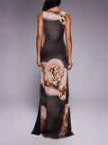 Elegant Printed Draped Stacked Neck Slit Maxi Dress