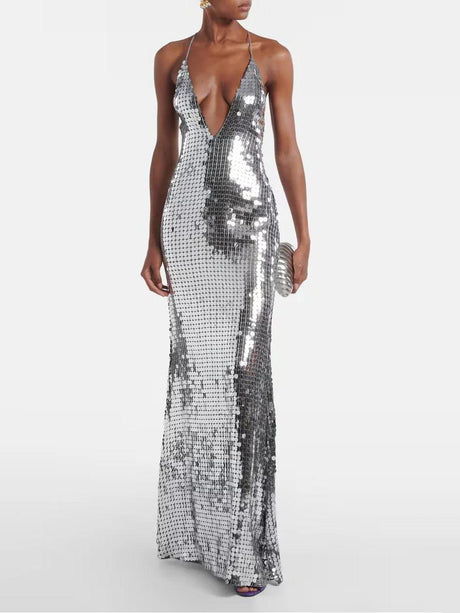 Aurohaya Elegant Sequined V-neck Open-back Maxi Dress Silver