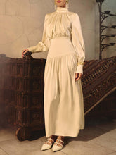 Aurohaya Elegant Satin Puff-sleeve Pleated Maxi Dress Cream