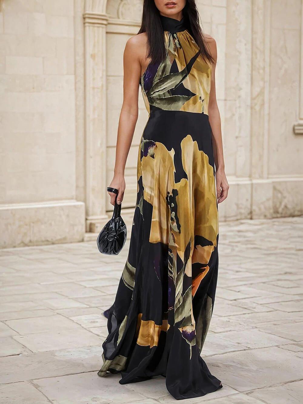 Aurohaya Unique Yellow Floral Print Straight Maxi Dress Yellow
