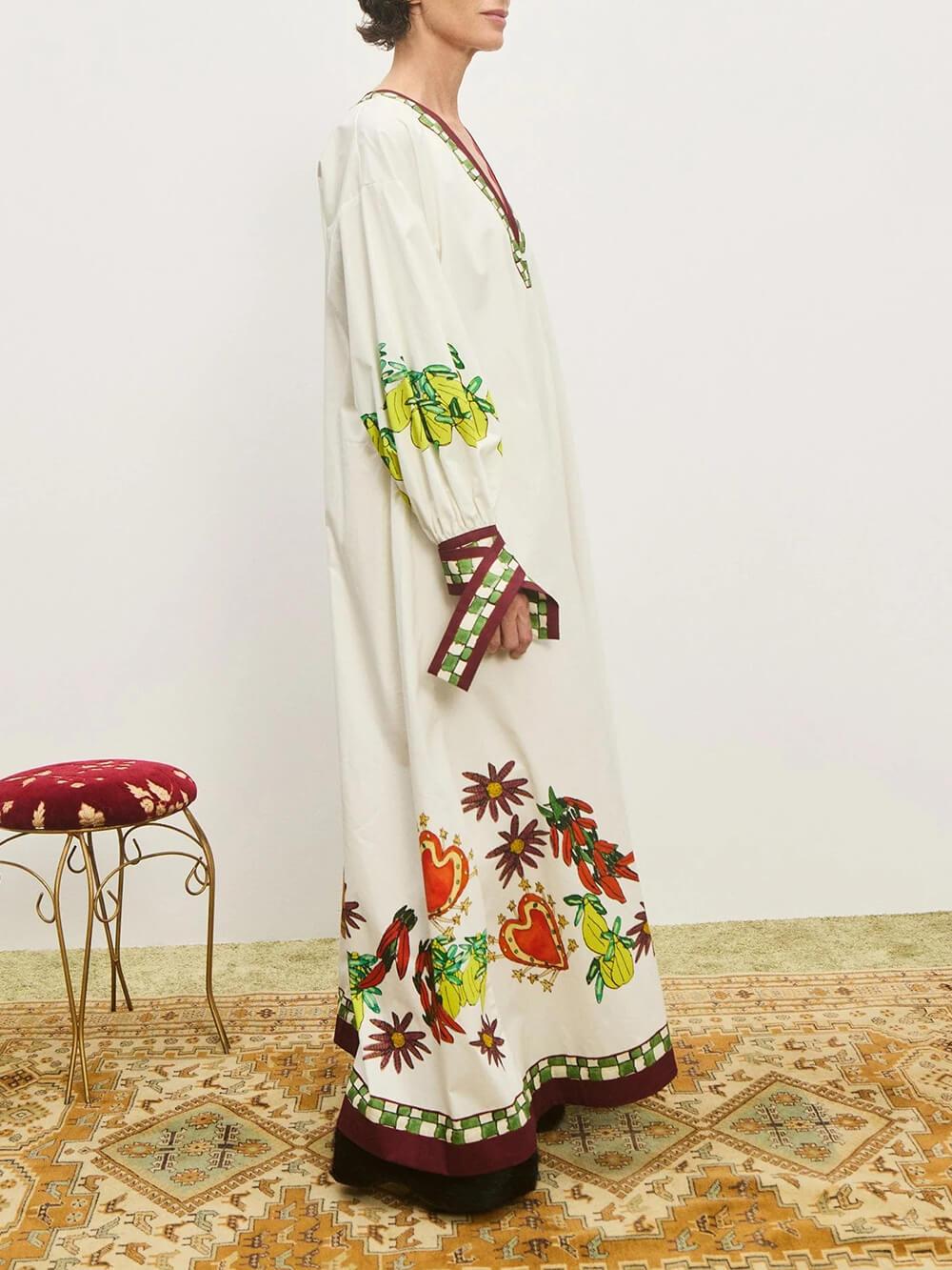 Aurohaya Unique Floral Print V-Neck Cuff Buttons Loose Maxi Dress