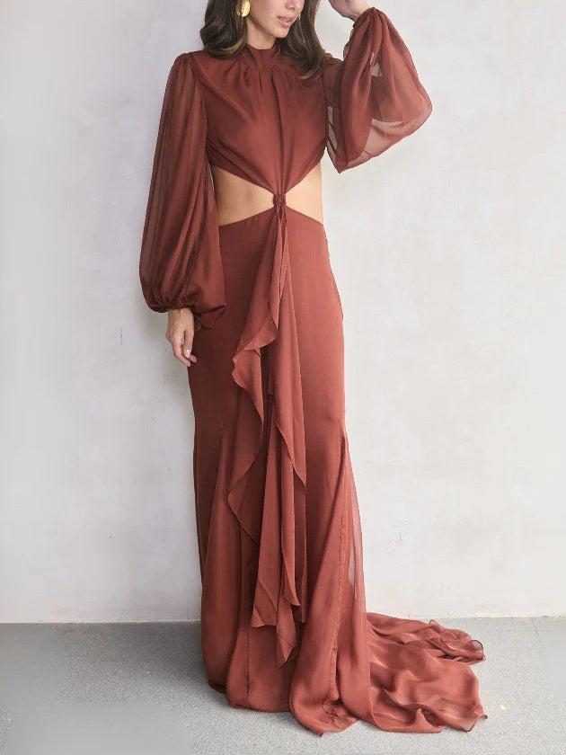Aurohaya Elegant Cutout High-Neck Long-Sleeved Ruffled Maxi Dress