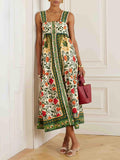 Aurohaya Summer Floral Print Square Neck Maxi Dress Green