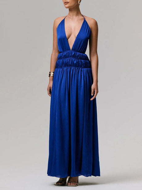 Aurohaya Exquisite Halterneck Lace-up Deep V-neck Satin Maxi Dress Blue