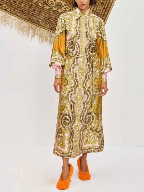 Aurohaya Exquisite Satin Unique Paisley Print Button Maxi Dress Yellow