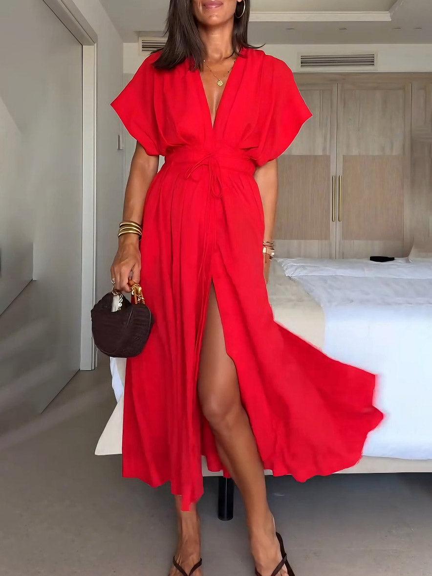 Aurohaya Elegant V-neck Drawstring Pleated Midi Dress Red