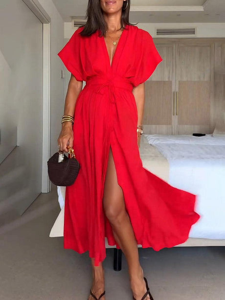 Aurohaya Elegant V-neck Drawstring Pleated Midi Dress Red