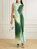 Aurohaya Exquisite Tie-dye Print Pleated Stretch Maxi Dress Green