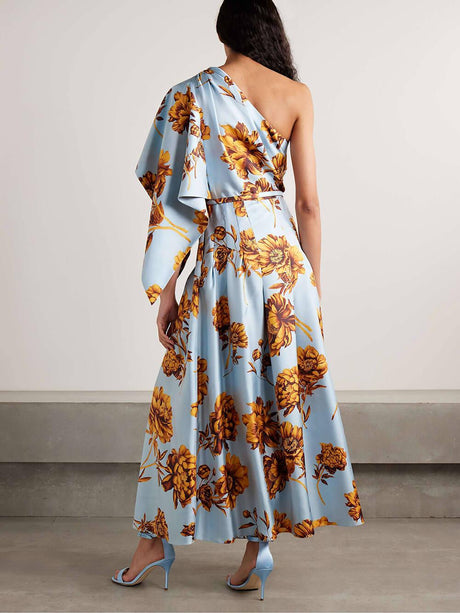 Aurohaya Delicate One-Shoulder Belted Draped Floral-Print Satin Maxi Dress