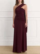 Elegant One-shoulder Draped Pleated Fitted Maxi Dress