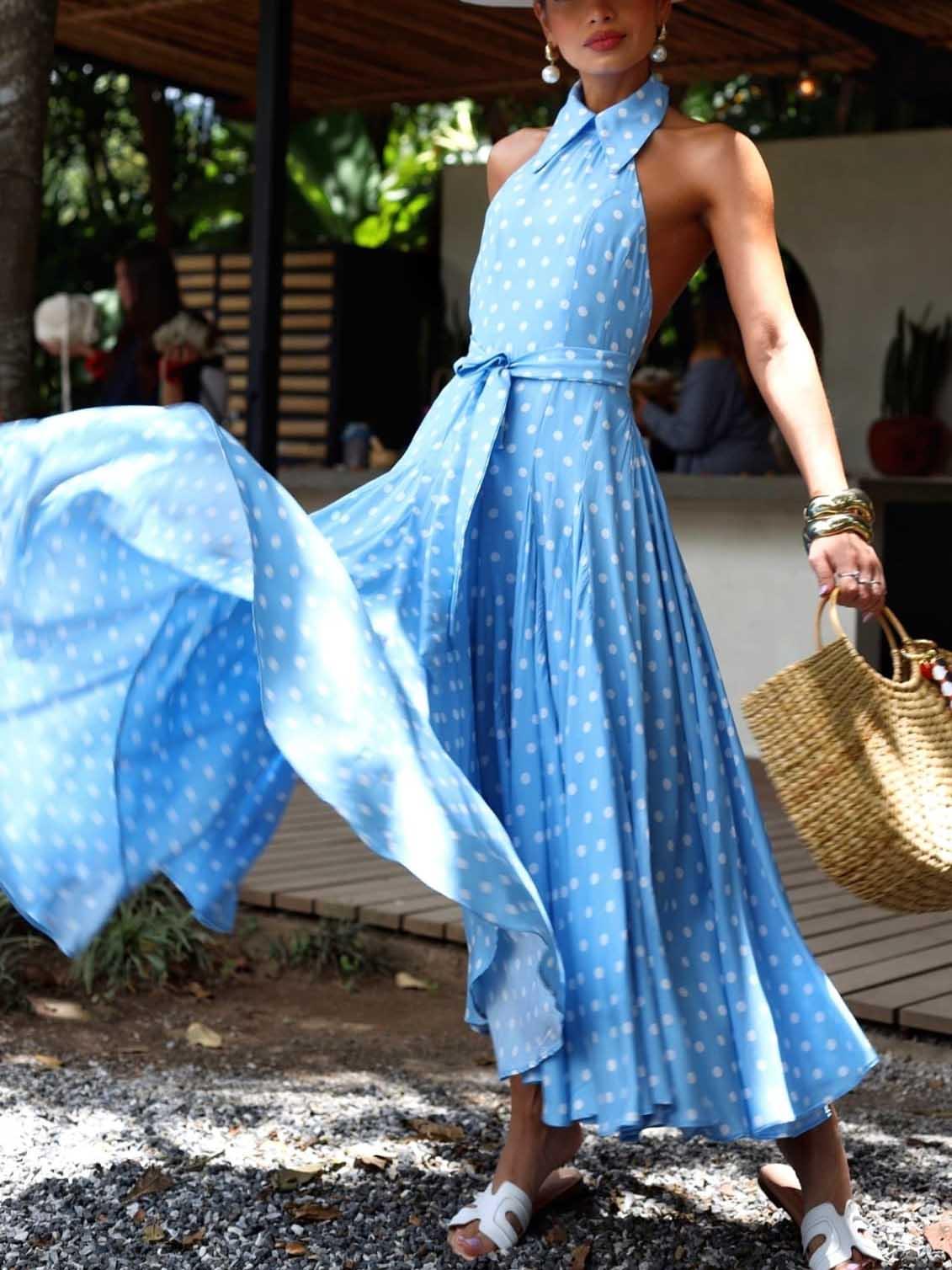 Aurohaya Elegant Polka Dot Print Open Back Puffy Maxi Dress