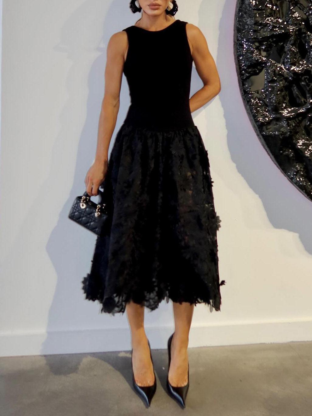 Aurohaya Exquisite Lace Embroidered Sleeveless Midi Dress