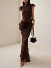 Elegant High Neck Ruffled Short Sleeve Lace Maxi Dress