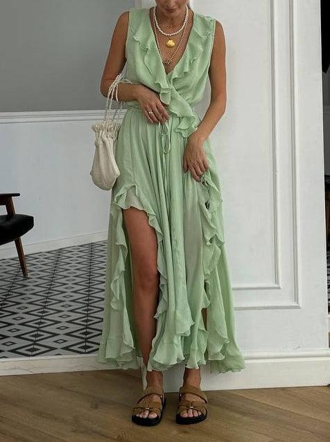 Aurohaya Elegant Ruffled V-Neck High-Slit Maxi Dress Green