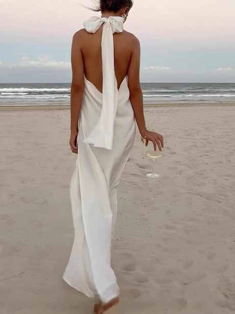 Aurohaya Retro Floral Crochet Satin Halter Backless Tie Maxi Dress