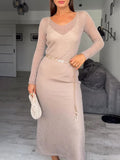 Elegant Sheer Knit V-Neck Long Sleeve Maxi Dress