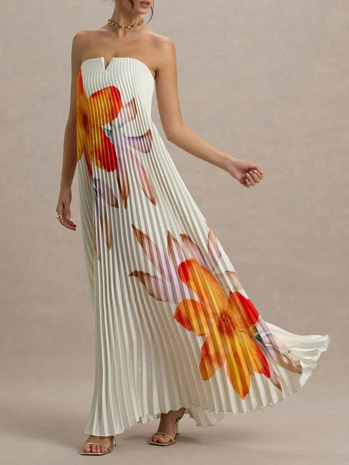 Aurohaya Elegant Sweetheart Orange Floral Print Pleated Maxi Dress White