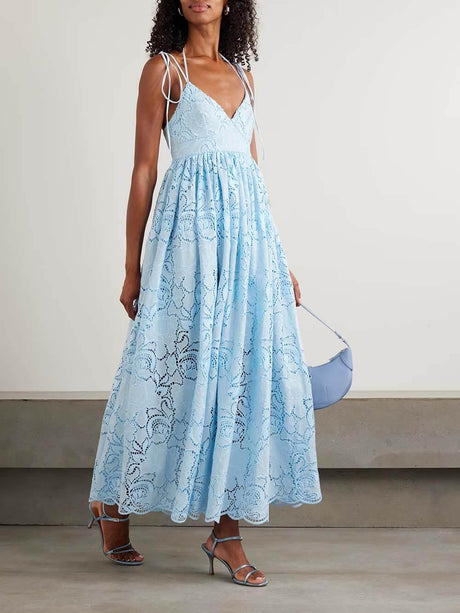 Aurohaya Exquisite Pleated Lace Cutout Maxi Dress Light Blue