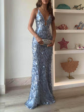 Aurohaya Elegant Sequined V-Neck Fitted Party Maxi Dress Blue