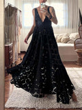 Aurohaya Elegant V-neck Hollow Lace Embroidery A-line Maxi Dress Black