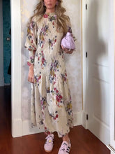 Elegant Crinkled Floral Print Puff Sleeve Maxi Dress