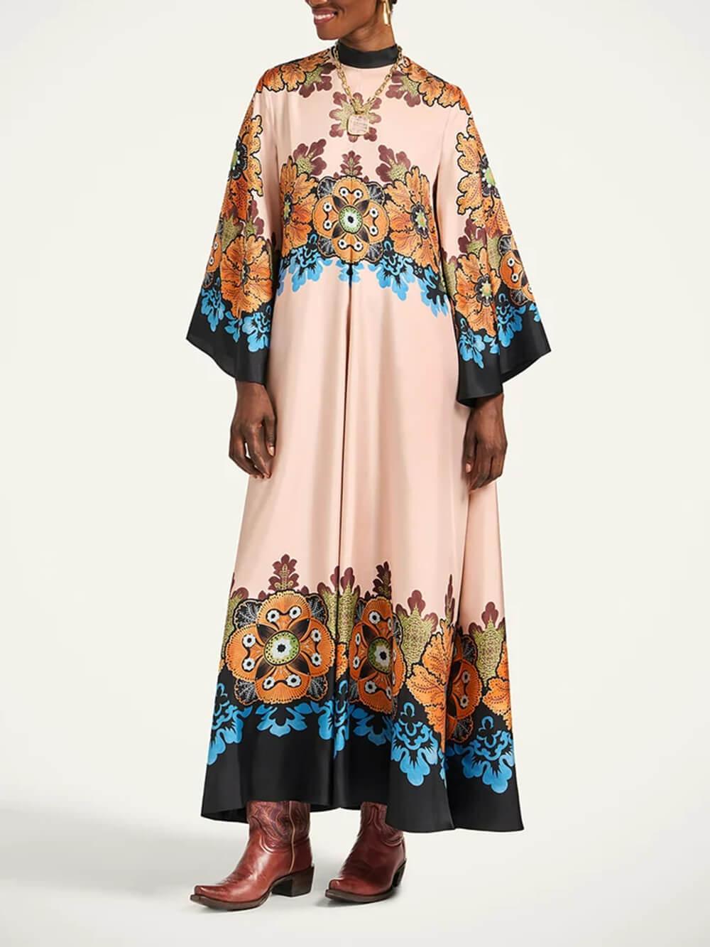Aurohaya Exquisite Floral Print V-Neck Loose-Fit Maxi Dress Orange