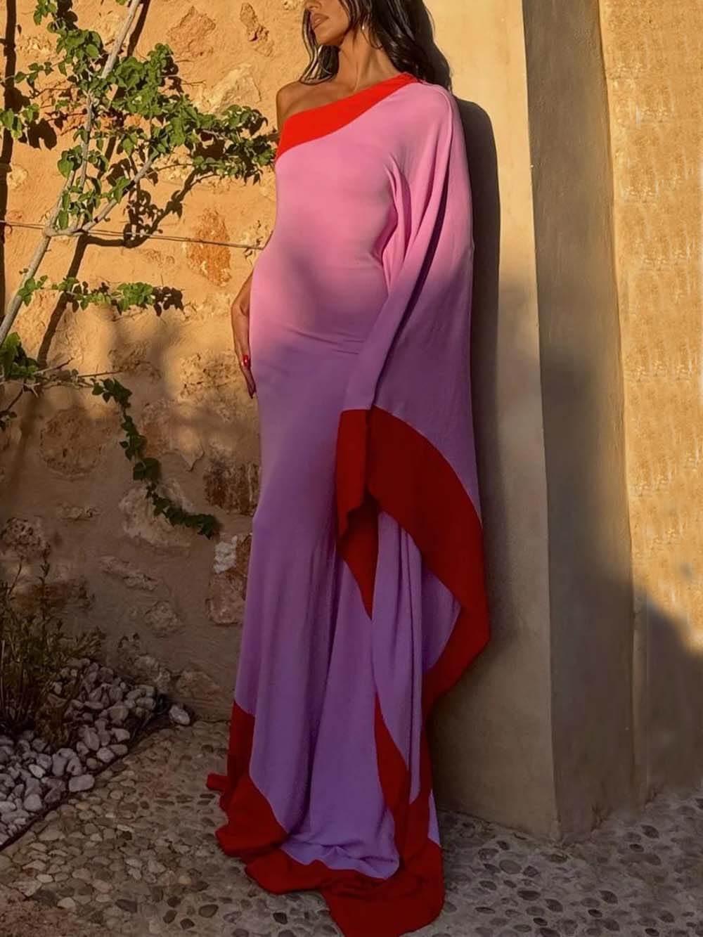 Aurohaya Exquisite One-Shoulder Colorblock Draped Maxi Dress Pink