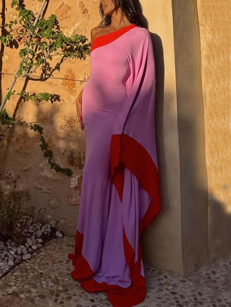 Aurohaya Exquisite One-Shoulder Colorblock Draped Maxi Dress Pink