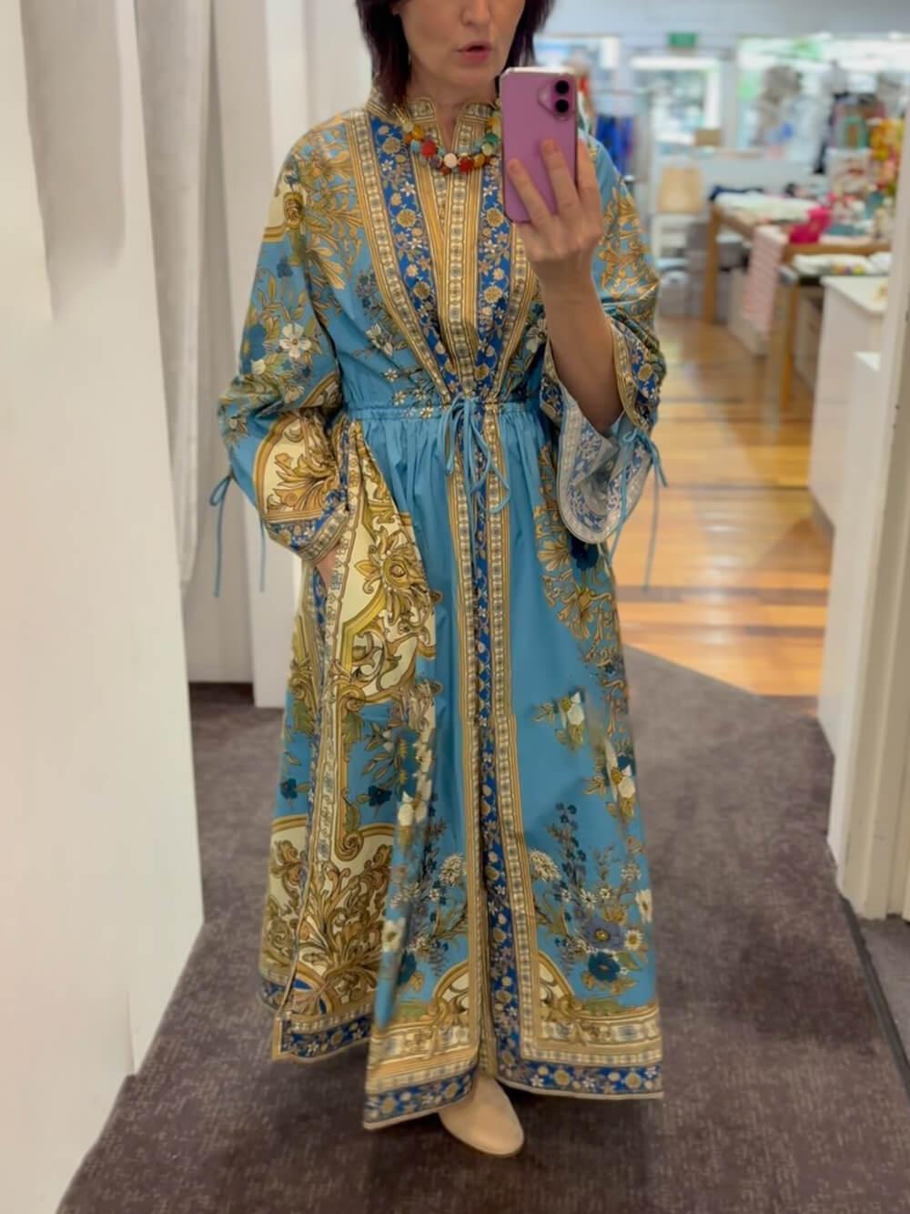 Aurohaya Unique Effortless Floral Print Cuffs Waist Drawstring Loose Shirt Silhouette Dress